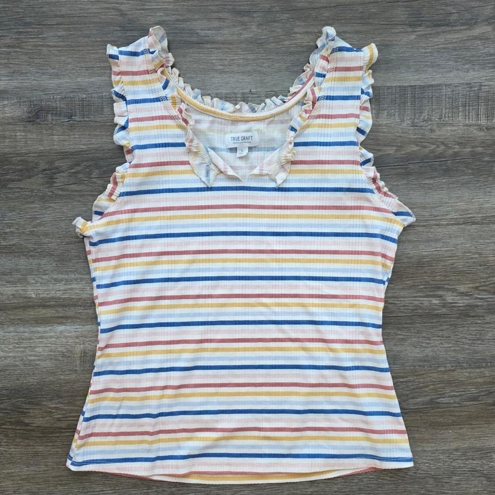 True Craft Striped Ruffle Tank Top Multi Color Ribbed Knit Sleeveless Womens L